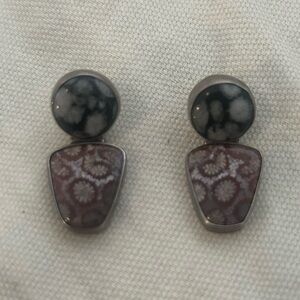 Nez Sterling Silver Native American Snowflake Obsidian Fossilized Coral Earrings